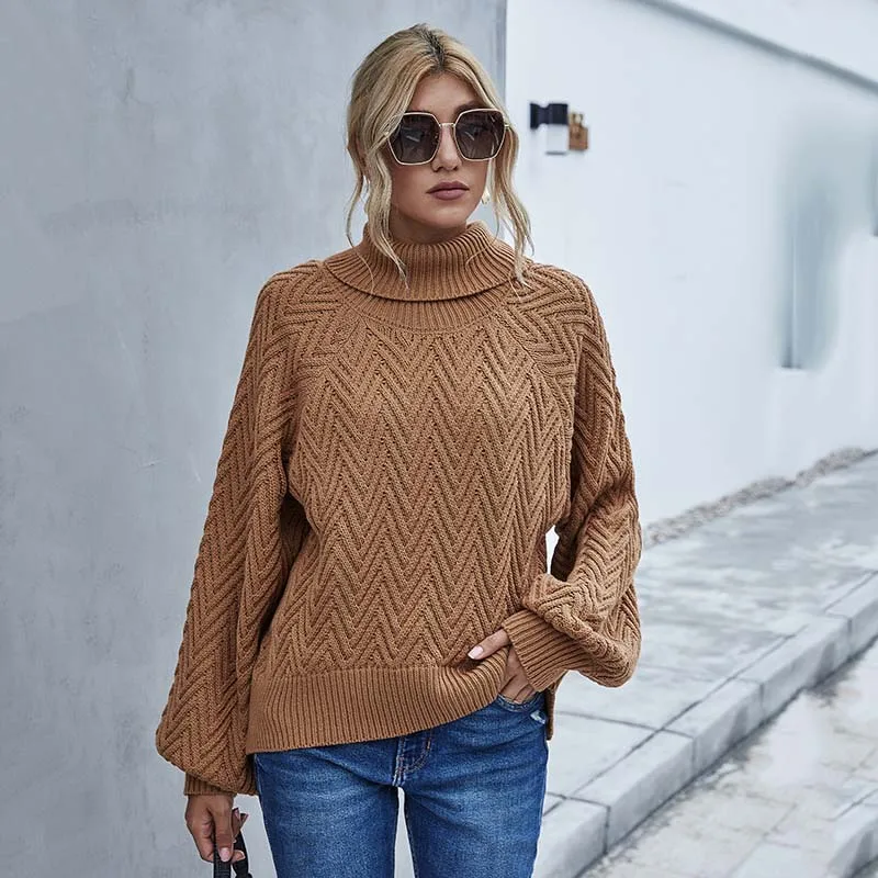 

JIALI Autumn Winter Sweater Women Pullover Solid Lantern Sleeve Turtleneck Long Sleeve Loose Knitted Casual Fashion Ladies Top