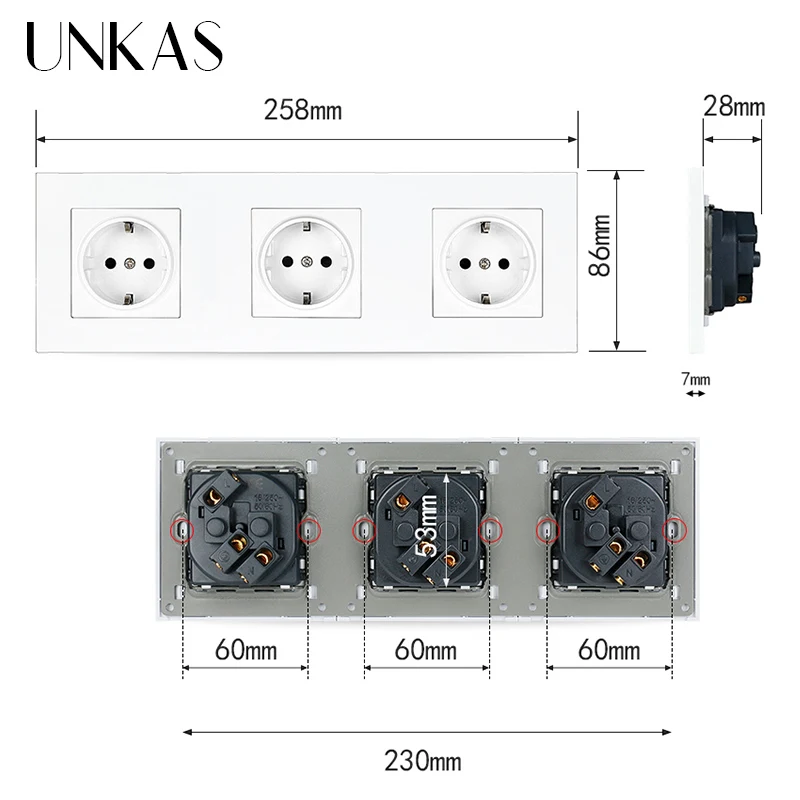 UNKAS с белой стеной для ПК Панель 3 Way Мощность розетка заземлением 16A ЕС