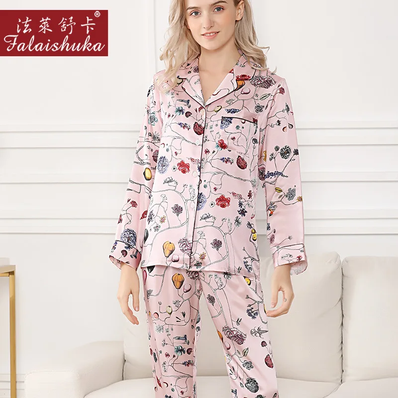 Lady Silk Stain Pajamas Floral Print High Quality 2020 Silk Homewears Spring Summer Full Sleeve Sleepwear Pajamas Sets Female