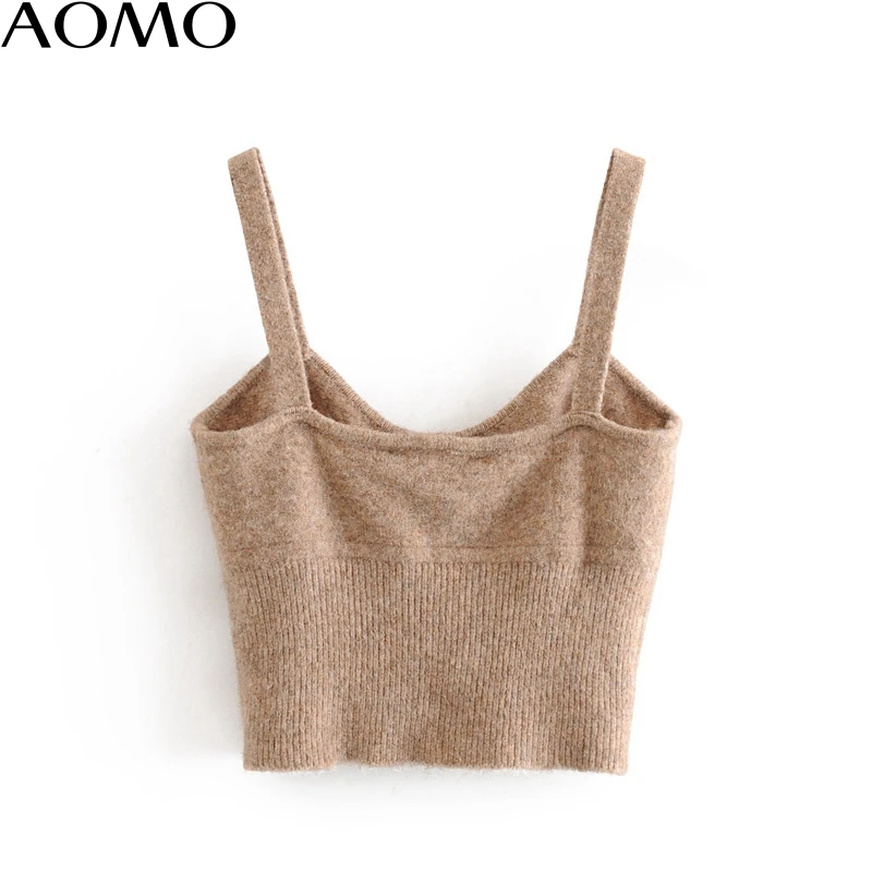 

AOMO 2020 fashion Women knitted Tops Sexy V-neck Tanks Strethy Backless Camisole Short Tops 2020 Camis 3H57A