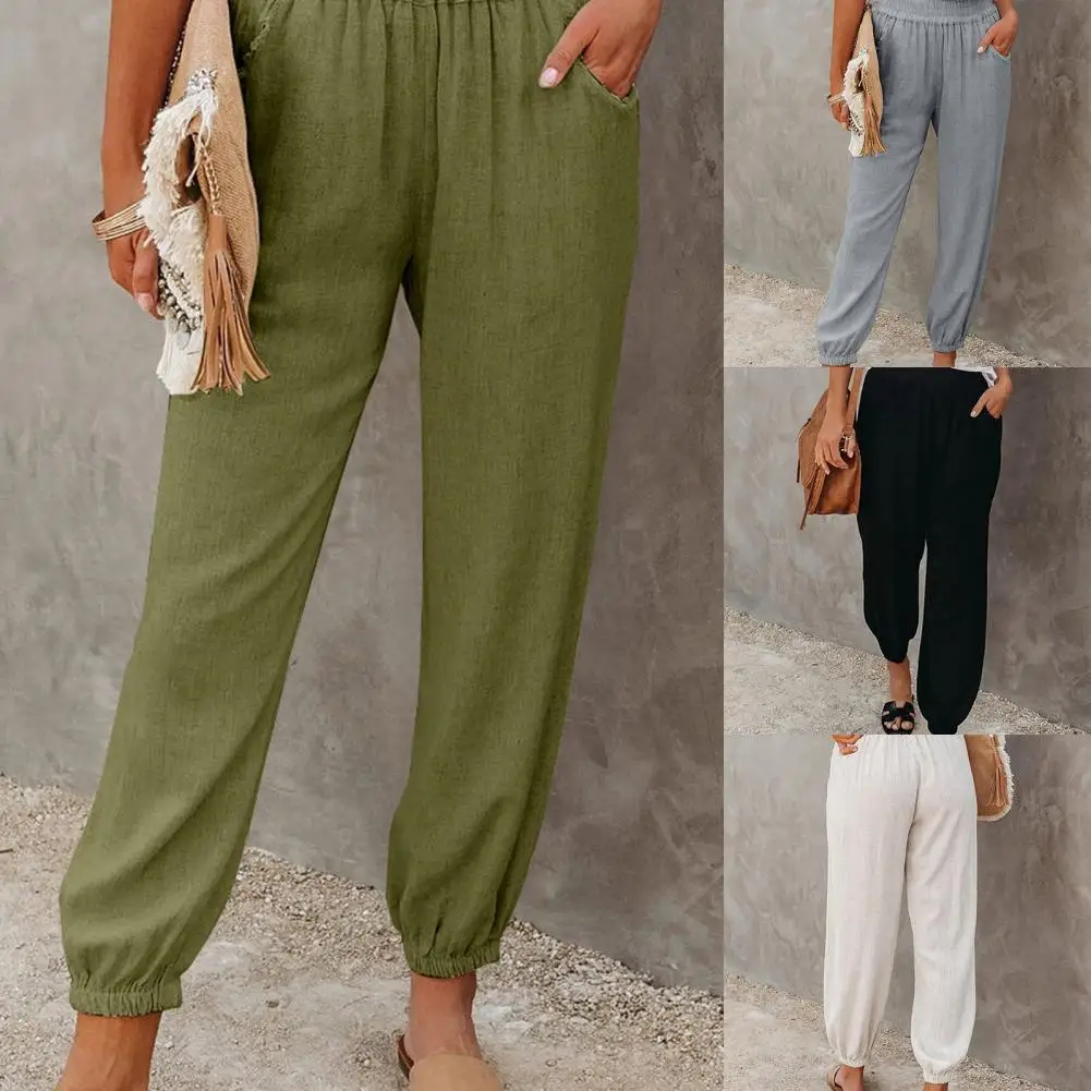 

Women Ninth Pants High Waist Ankle Tied Casual Women Elastic Waistband Pockets Ankle Length Trousers for Spring/Summer Pants