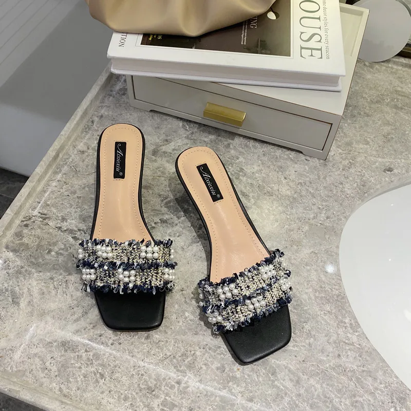 

Female Shoes Square heel Ladies' Slippers Low Glitter Slides Med Fashion 2021 Block Jelly Luxury Basic Rome Rubber Hoof Heels Fa