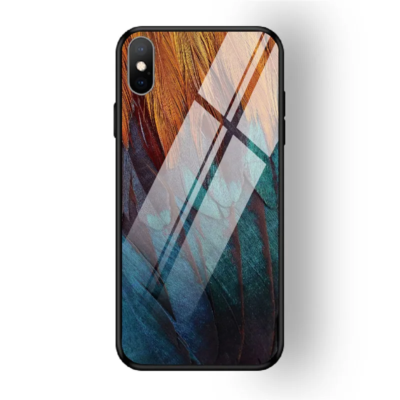 Чехол для iPhone X XS MAX XR для 6 6S 7 8 PLUS чехол из закаленного стекла с перьями красный желтый задняя чехол для iPhone 5 5S SE Funda