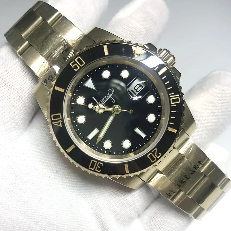 Золотые с керамическим ободком Мужские механические часы из нержавеющей стали