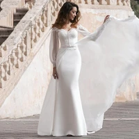 lace mermaid wedding dresses with removable chiffon jacket beach bridal gowns long sleeves soft satin princess party gowns 2021