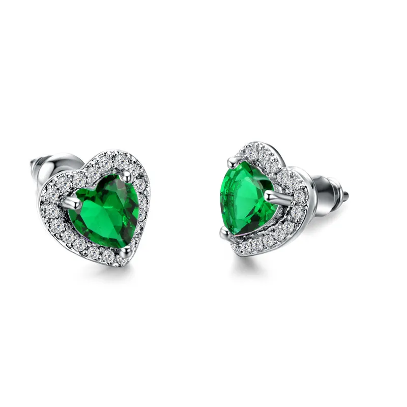 Green Роскошные женские черные/зеленые/красные/белые серьги-гвоздики Мода 925 серебряные маленькие серьги в форме сердца для женщин винтажные Свадебные украшения - Окраска металла: Green