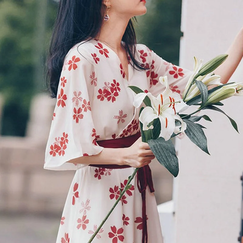 Women's Kimono Dresses Japanese Style Summer V-Neck Cherry Blossoms Printing Loose Sleeve Chiffon Thin Bow Belt Elegant Yukata