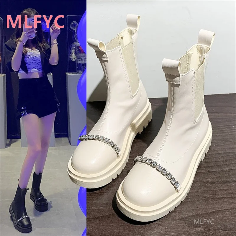 

Rhinestone chimney thin short boots 2021 autumn boots knight boots mid-heel low-barrel thick-heel knight boots