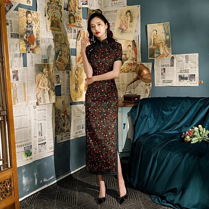

Women Long Slim Print Cheongsam Qipao Elegant Evening Party Dress Short Sleeve Vestidos Oversize 4XL