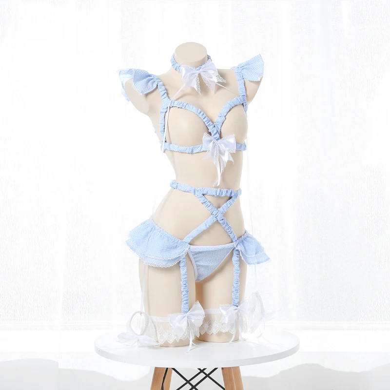 Paloli Cute Maid Sweet Plaid Uniform Set Gothic Pink Blue Chiffon Harness Garter Sexy Open Bust Top Bondage Body Cage Lingerie