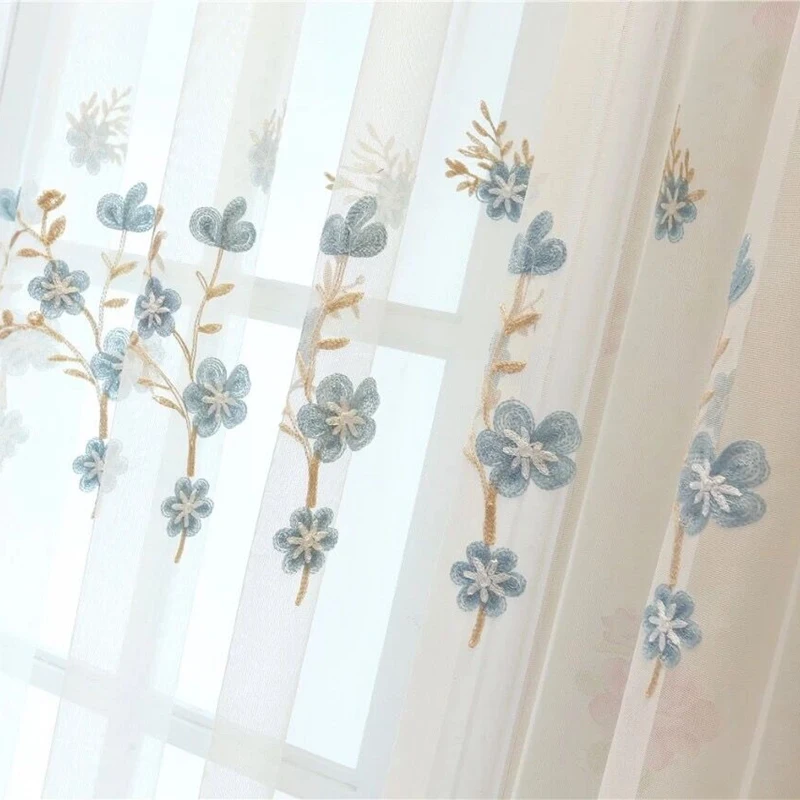 Белая сетчатая занавеска с вышивкой и синими цветами для гостиной современные