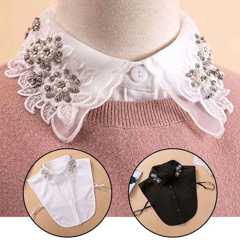 Модная шифоновая рубашка с воротником украшенным цветами и бусинами поддельный