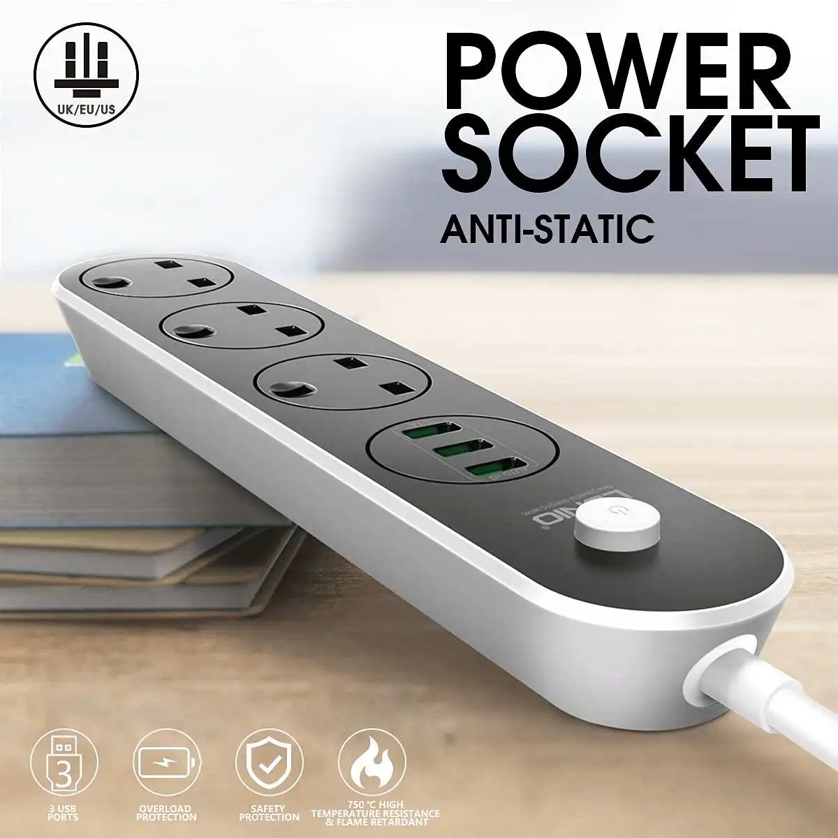 

EU UK Plug 2500W 3 Outlet 3-Port USB Adapter Power Strip Non-slip Intelligent Charging Protector Power Socket
