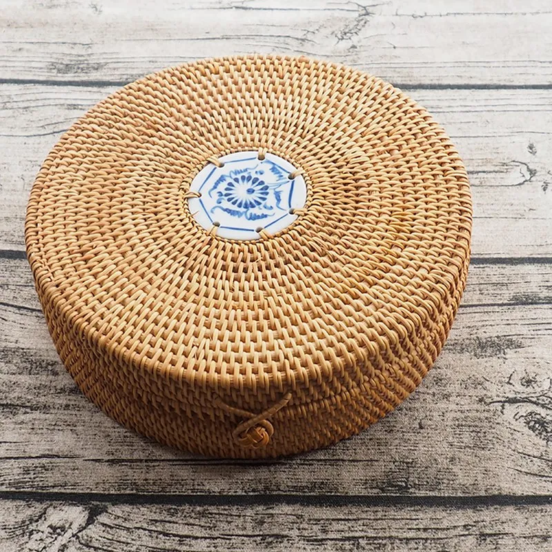 

Handmade Rattan Pu'Er Tea Cake Storage Box with Rattan Fruit Basket Creative Snacks Candy Storage Bowl Basket