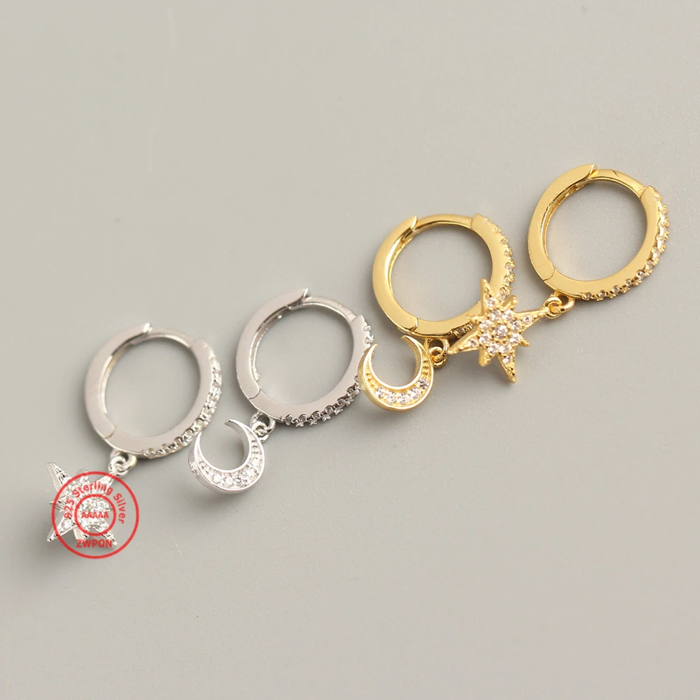 

Sterlling Silver 925 Tiny Pave Zricon Stone Diamond Moon Star Drop Charms Huggie Hoop Earrings for Women Girl Gift Daily Jewelry