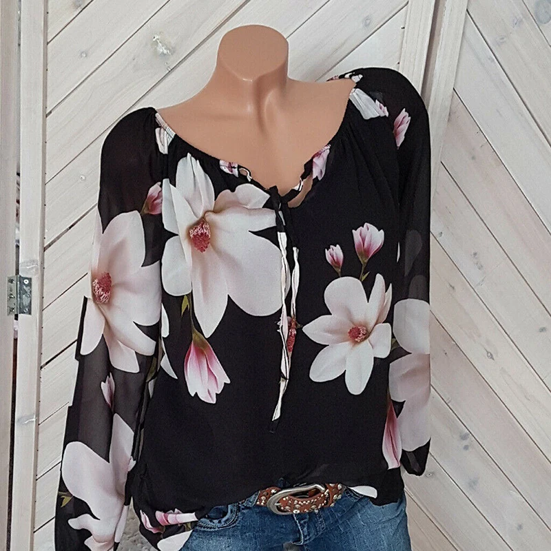 Женская блузка 2019 Цветочная модный принт вырез лодочкой грудь шнуровка длинный