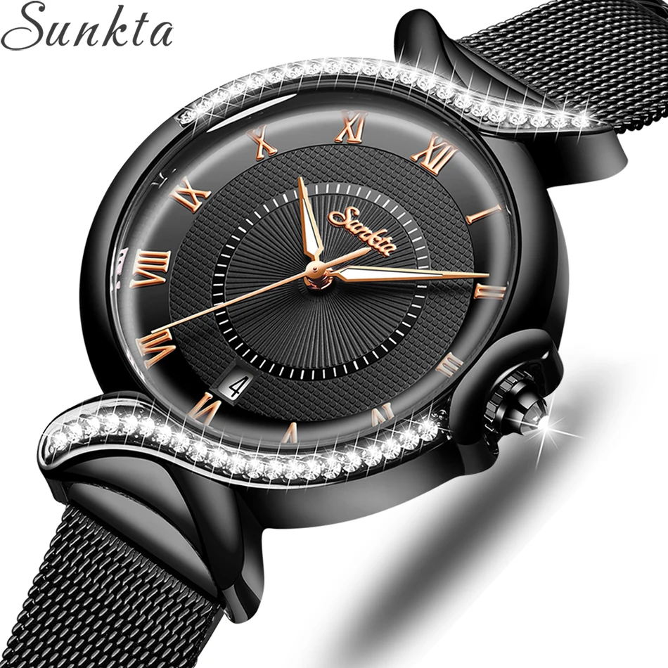Часы наручные Montre Femme SUNKTA женские роскошные брендовые модные черные из