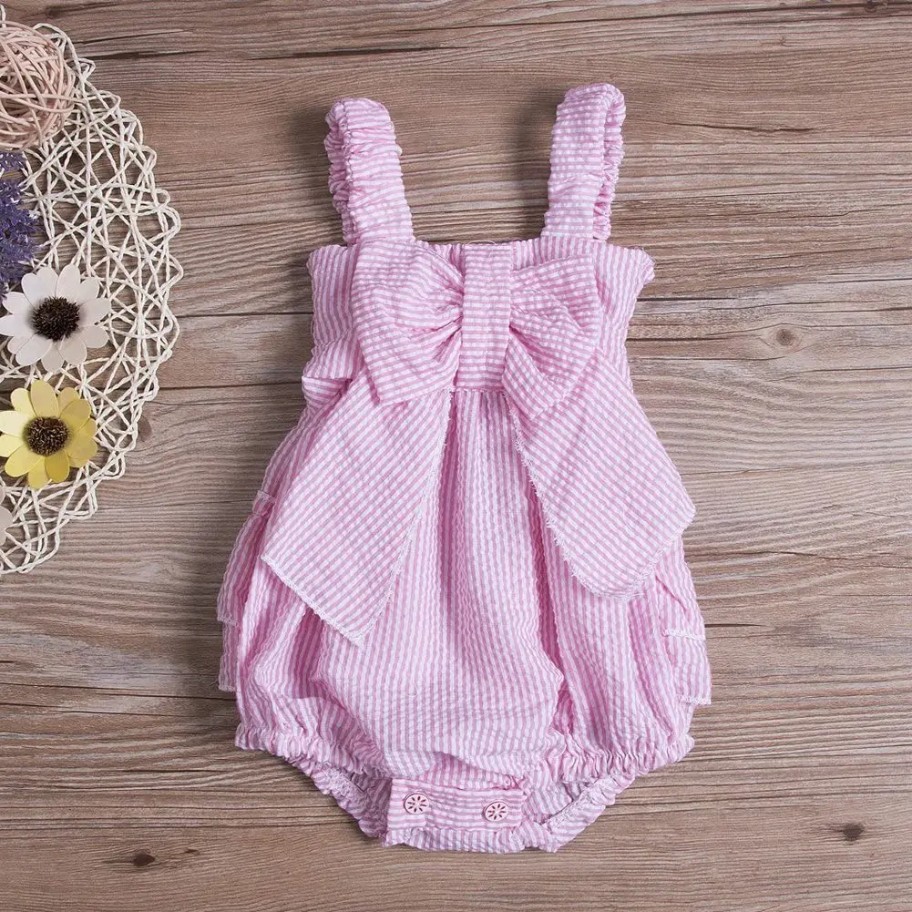 

Pudcoco Newborn Baby Girl Clothes Summer Sleeveless Strap Striped Ruffle Bowknot Romper Jumpsuit Outfit Sunsuit
