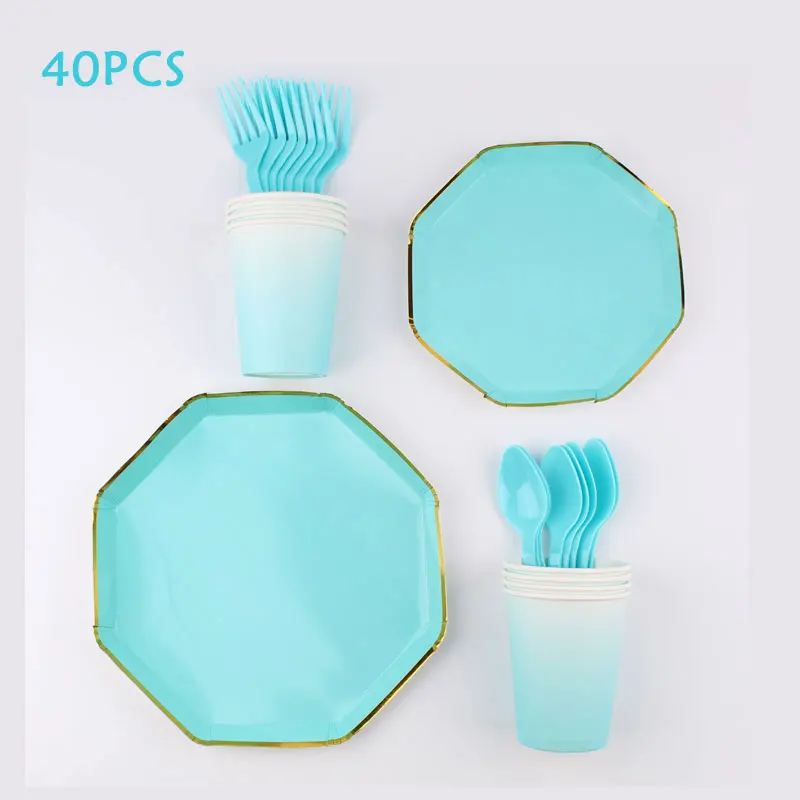 40 шт. декоративная посуда небесно голубого цвета|Одноразовая для вечеринок| |