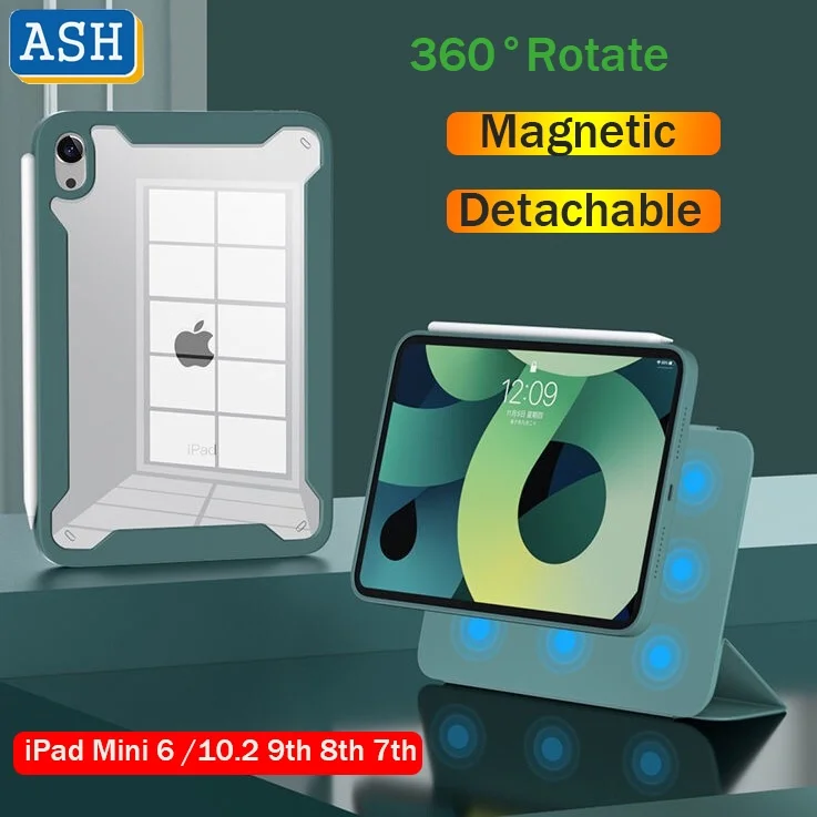 

ASH For iPad Mini 6 2021 10.2 9th 8th 7th Pro 11 12.9 M1 Air 4 10.9 Case 360 Rotating Stand Leather Magnetic Detachable Cover