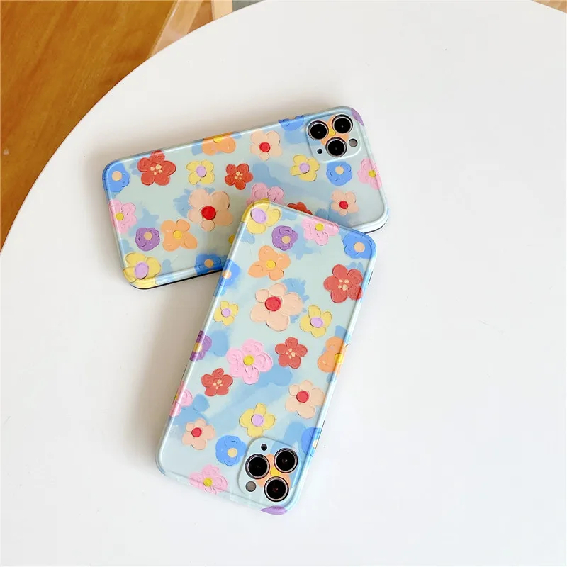 

Cute Colored Flowers Phone Case For iPhone 12 mini 11 Pro Max X XR XS Max SE 2020 7 8 Plus Oil Painting Floral Shell Soft Cover