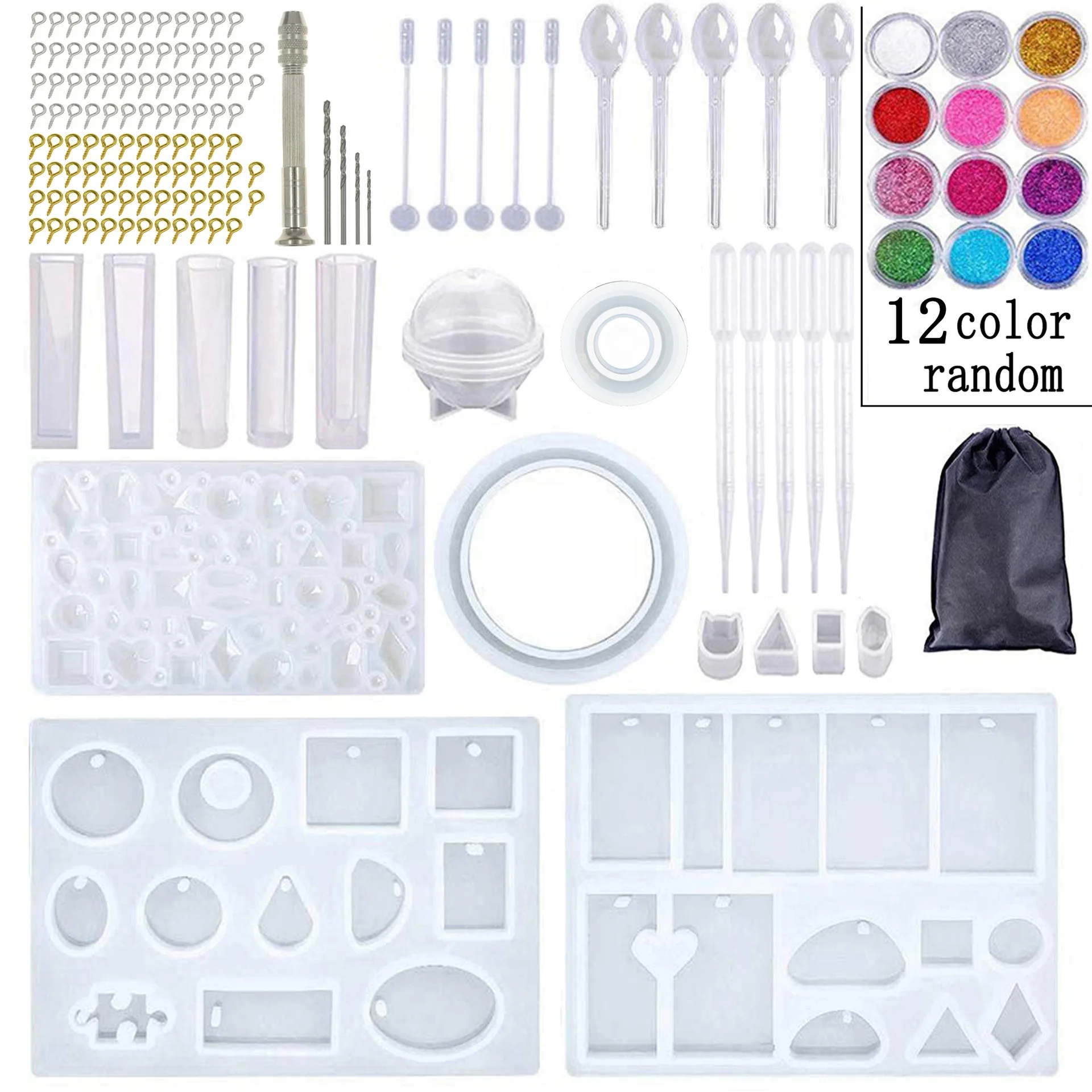 

148pcs Crystal Glue Drop Tool Set Bracelet Pendant Jewelry Mold Combination with Hand Twist Drill 12-color Sequins Filling