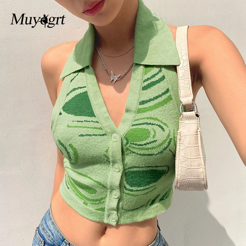 

Muyogrt Streetwear 2021 New Fashion Striped Y2k Halter Knitted Vest For Women Sexy Backless Slim Outfits Female Spring Tank Tops