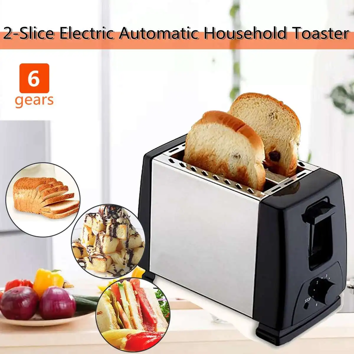 

750W 220V 2 Slices Stainless steel Toaster Oven Baking Automatic Fast heating Bread Toaster Household Breakfast Maker