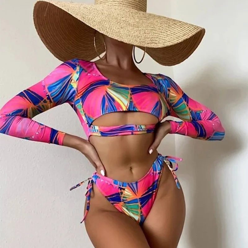 

Micendy Long Sleeve Swimsuit Women 2022 Bikini Push Up Bathing Suit Hollow Out Swimwear Sexy Bikini Sets Print Beachwear Bandage