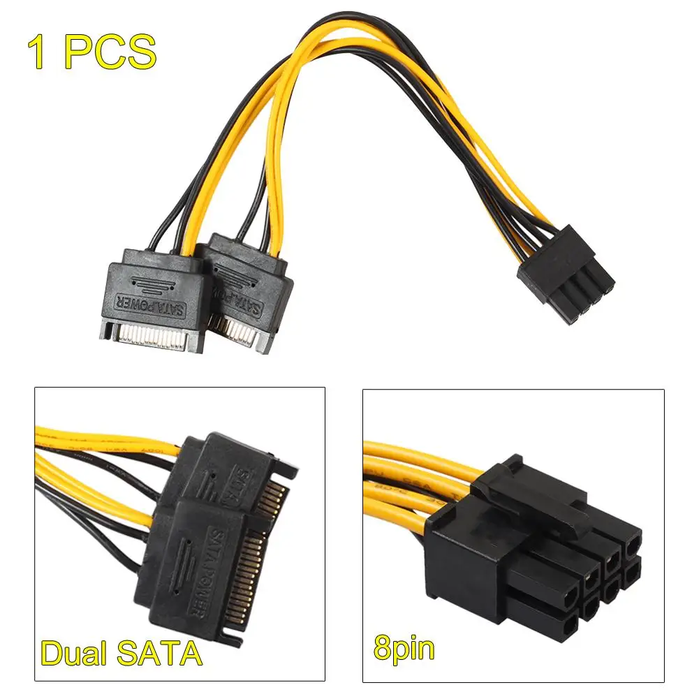 

SATA Dual 15Pin M to Graphics card PCI-e PCIE 8 (6+2) Pin F Video Card Power Supply Cable 8pin to Sata Y Splitter Adapter 18AWG