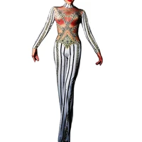 striped straight jumpsuit rhinestones pattern printing rompers shiny costume for women nightclub performance dance costume