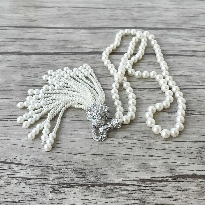 silver 4 шт., леопардовая голова, циркон, кисточки, подвеска, CZ микро ПАВЕ, натуральный жемчуг, бусы, цепь, Женские Ювелирные изделия, ожерелье NK521 - Окраска металла: silver