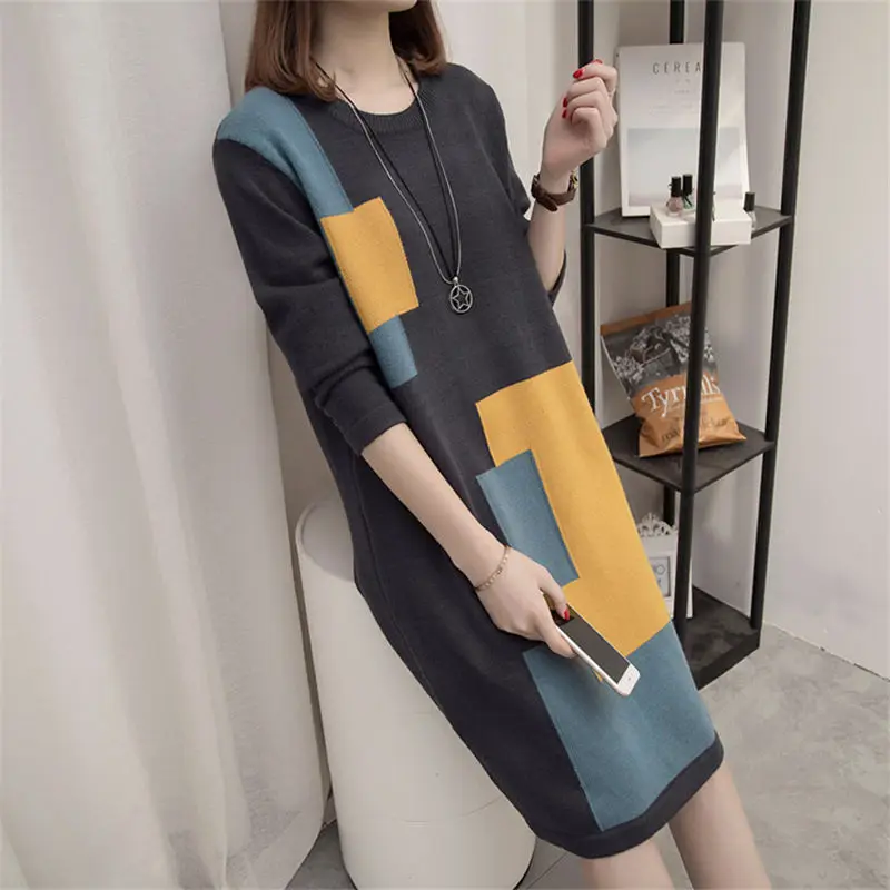 Женское платье свитер большого размера на осень и зиму Женский Повседневный
