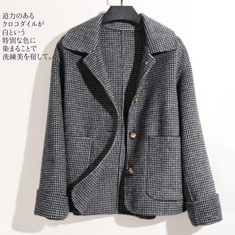 

New Spring Thousand Bird Grid Double-sided Wool Coat Women's Short 100% Pure Merino Wool Overcoat