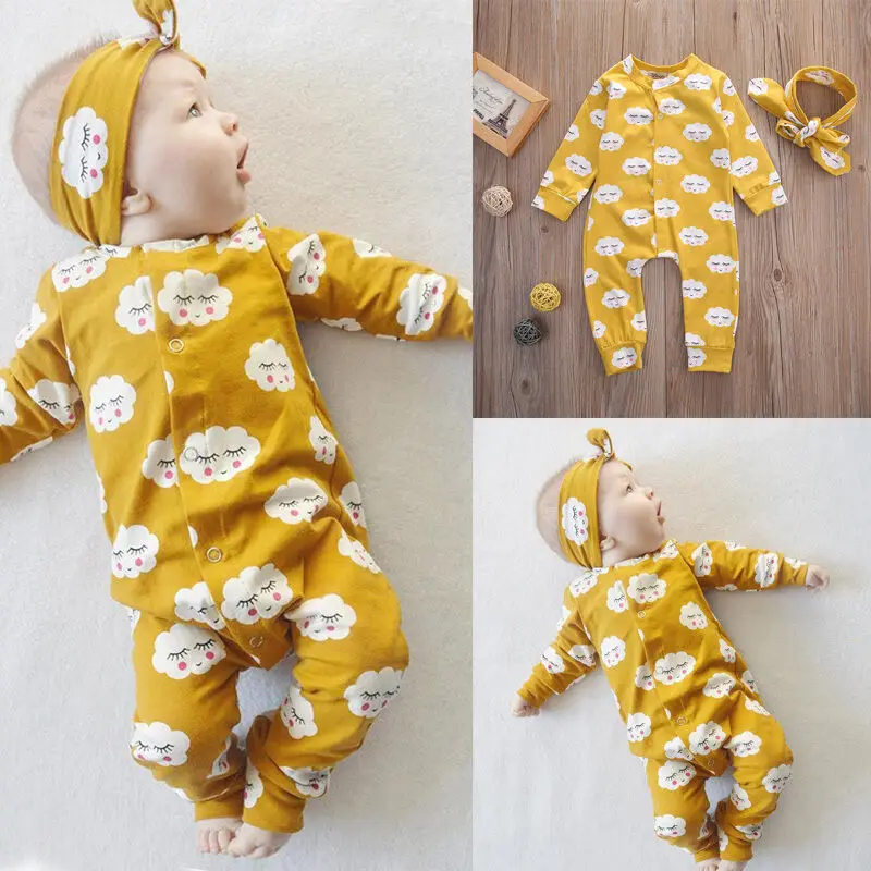 

2PCS Newborn Baby Kids Girls Clothes Long Sleeve Print Cloud Jumpsuit Romper Headband Yellow Outfits 0-24M