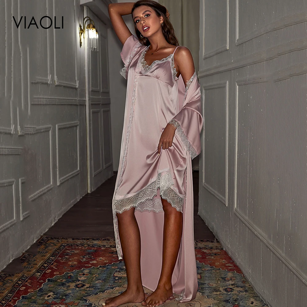 

Женское атласное кимоно, Свадебный комплект одежды для невесты и подружки невесты, сексуальная пижама с кружевной отделкой, Повседневная Д...