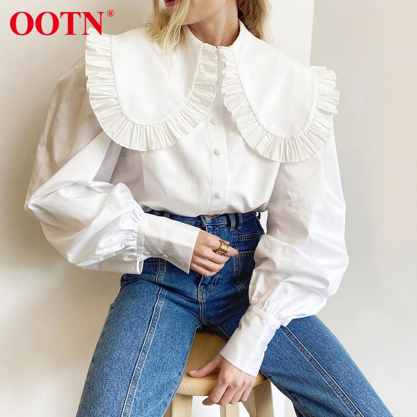 

OOTN 2021 Spring Casual Black Women Blouse Top Lantern Sleeve White Oversize Collar Shirt Office Ladies Ruffles Blouse Cotton
