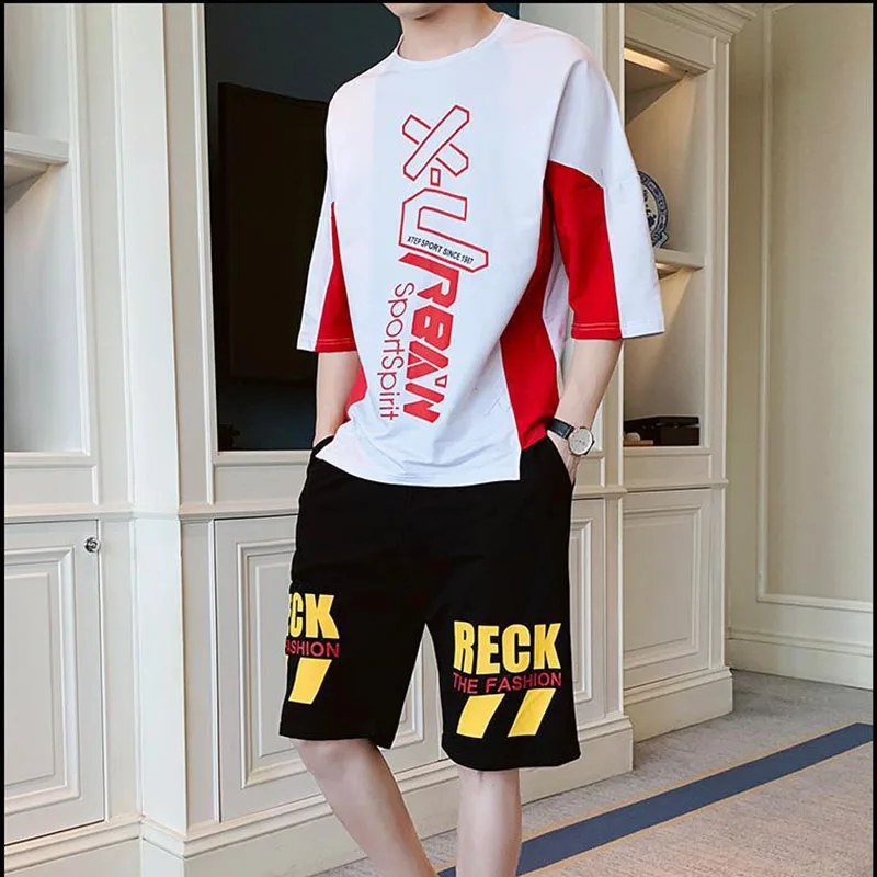

New printed men's short-sleeved T-shirt+shorts full set of trendy Korean fashion clothing summer couples handsome hip-hop loose