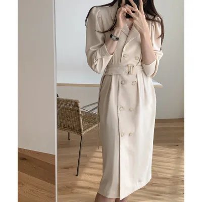 

Autumn Women Trench dress Belted Solid Long Coat Long Cardigan Spring Casual Elegant Outerwear Thin Trench dresses ka1049