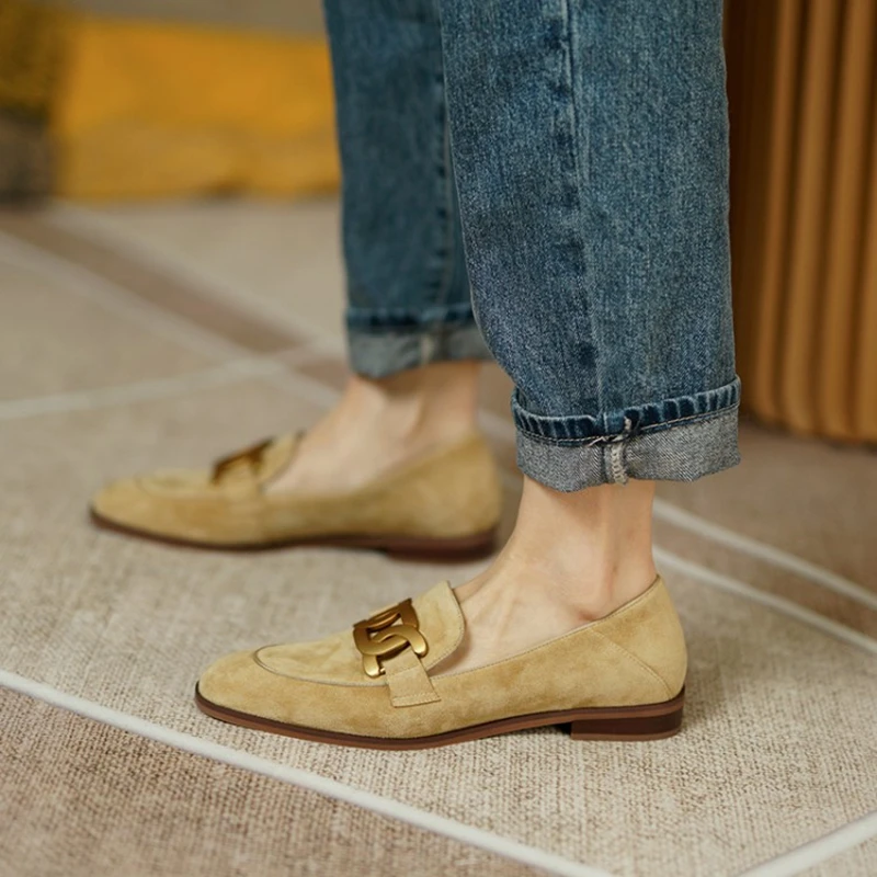 

New Spring/Autumn Round Toe Low Heel Pumps Slip-on Shoes Fashion Camel Buckle Casual Kid Suede Women Loafers Solid British Style