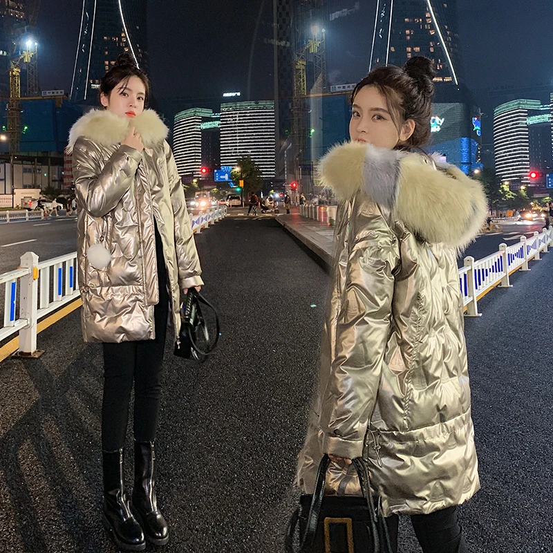 

Real Shot# Hong Kong Style Shiny Patent Leather Embossed down Cotton-Padded Jacket Women's Mid-Length Winter Korean