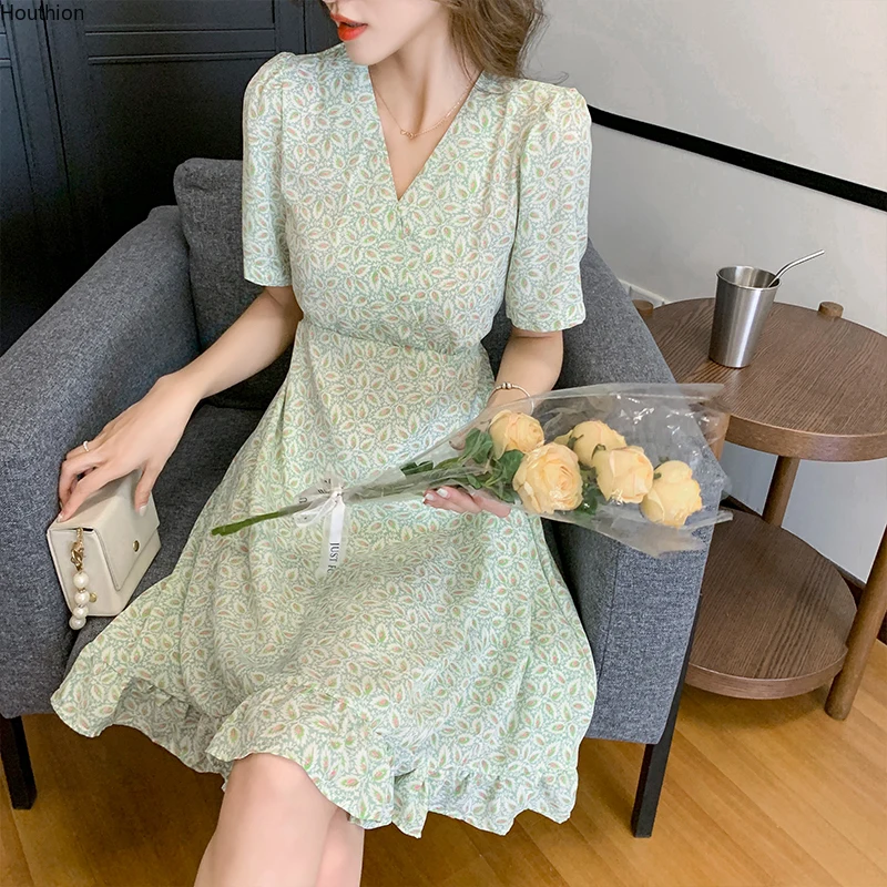 

Chiffon Loose Women's Dress New Fashion Casual Short Sleeve Dresses Floral V-neck Mid-length Summer A-LINE Houthion