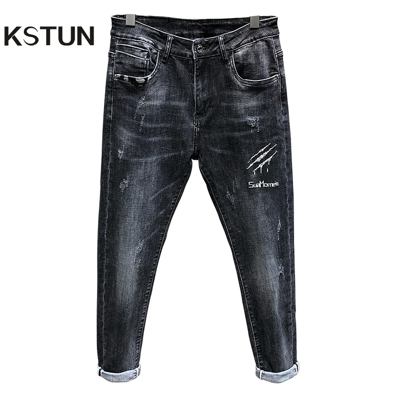 Обтягивающие джинсы мужские темно серые весенние и осенние эластичные Вышитые