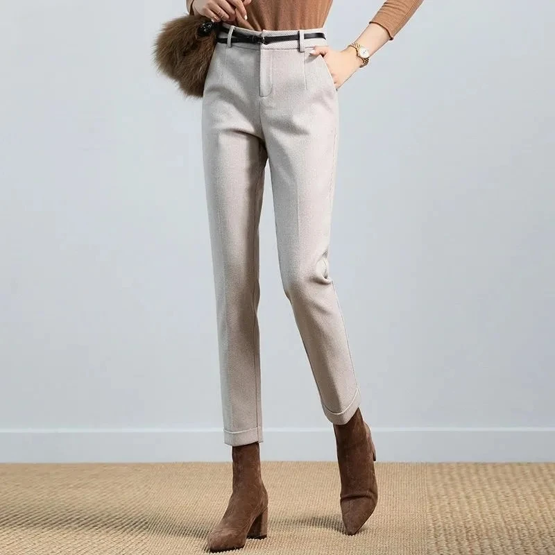 

Women Woolen Pants Autumn Winter Casual Warm Ankle-Length Pants New High Waist Straight Suit Pants Cigarette Black Trousers W111