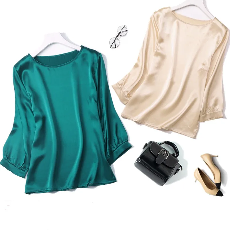

Women's 100% Mulberry Silk Heavy Satin Silk Half sleeve Crew Neck Top Blouse Shirt Solid Colors L XL JN008