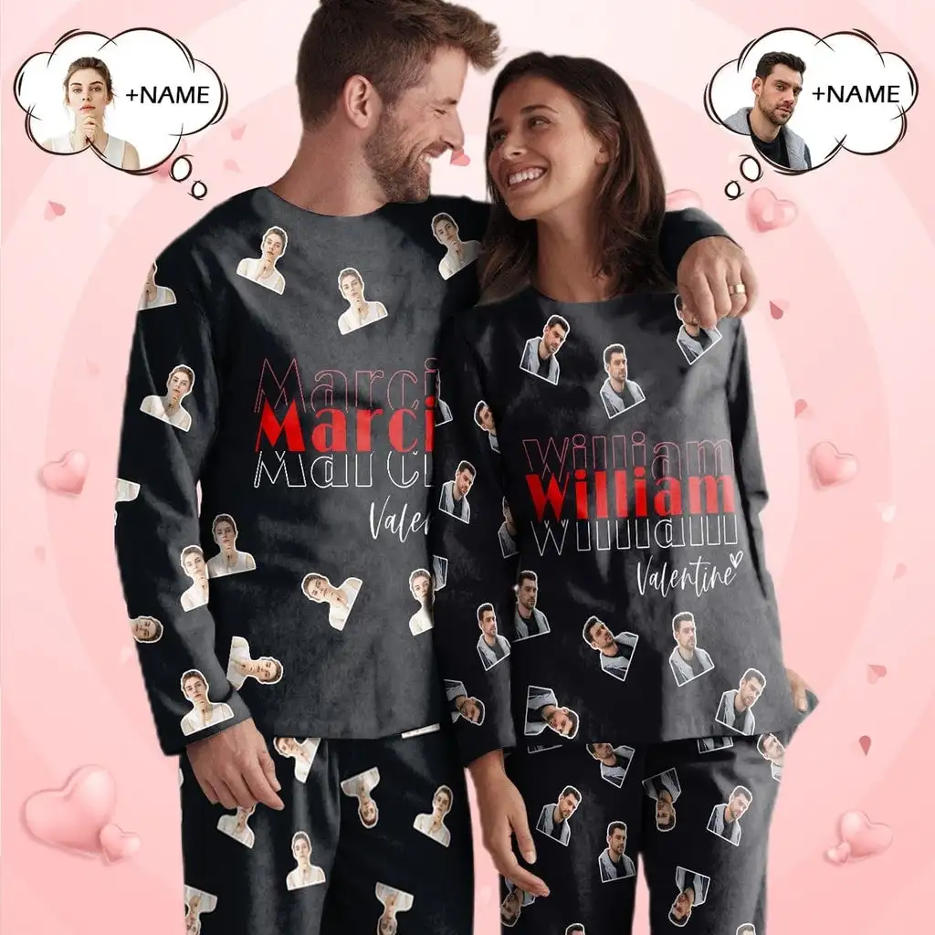 Custom Face&Name Valentine's Day Commemorative Gifts Couple Matching Long Pajamas Set Suit Home Design Personalized Indoor Soft