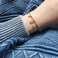 double chain bracelet gold plated cross oval tag pearl pendant bracelet