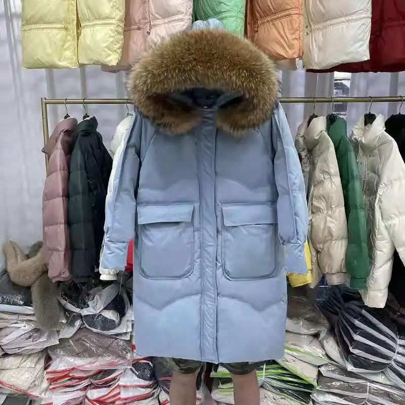 

Fitaylor New Winter Women Thick Warm Long Jacket Loose Raccoon Fur Hooded 90% White Duck Down Coat Solid Color Outwear