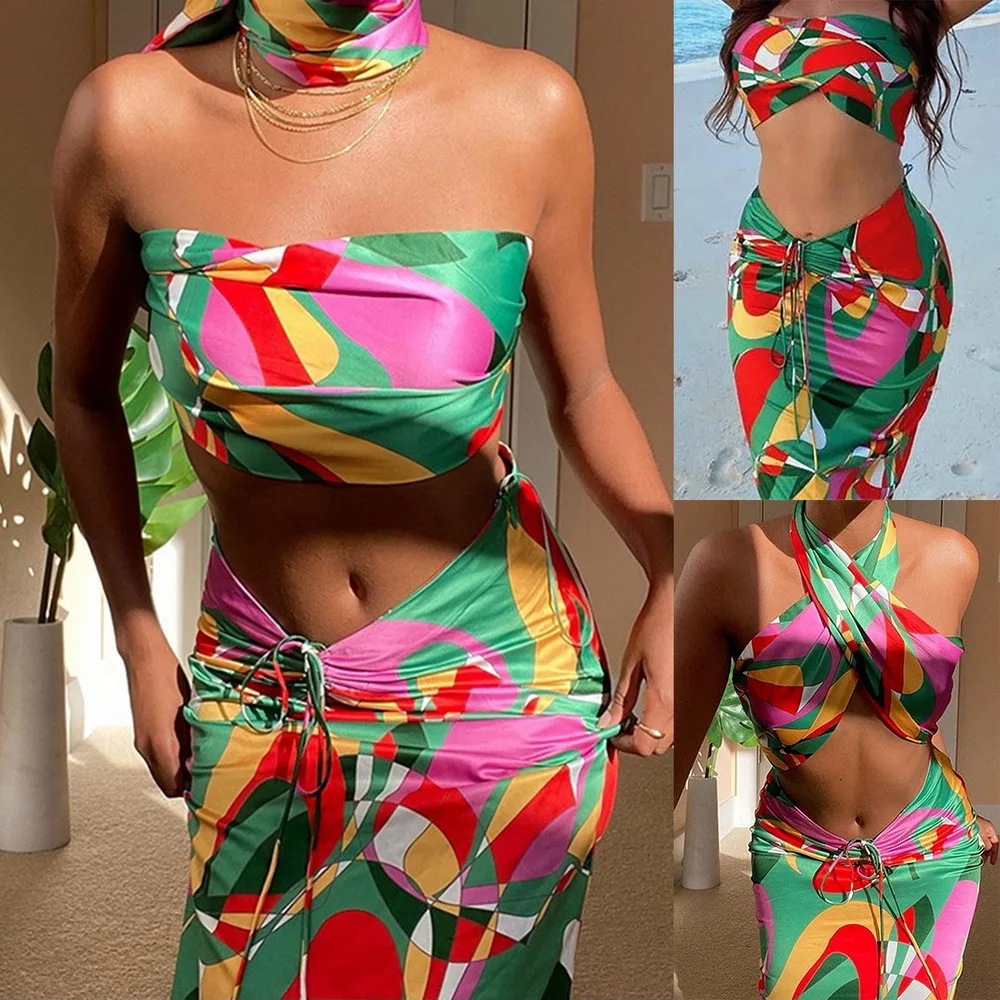 

2021 Sexy Print Tracksuit Woman Two Piece Boho Outfit Suits Halter Bandage Tanks And Ruched Drawstring Midi Skirts Matching Sets