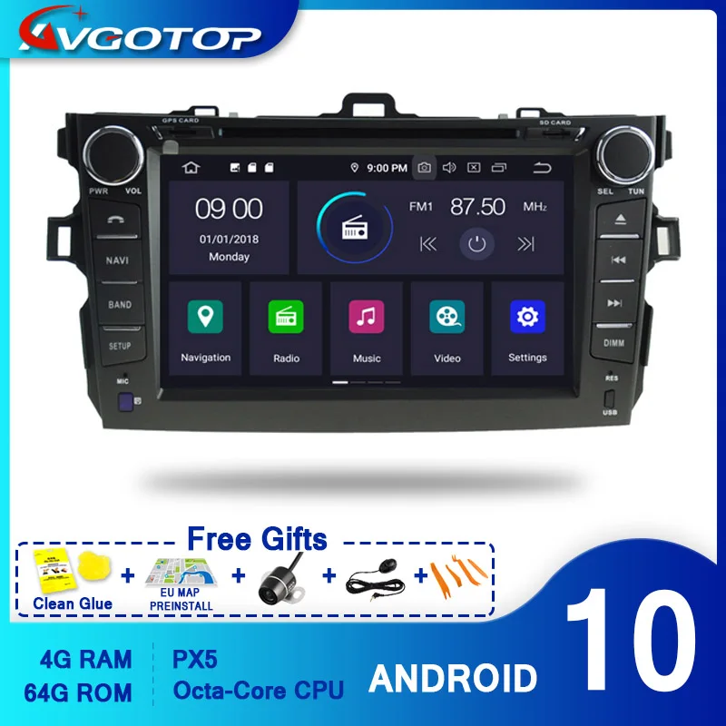 AVGOTOP Android 10 4 Гб + 64 ГБ Автомобильный DVD плеер для TOYOTA COROLLA 2008 IPS HD экран